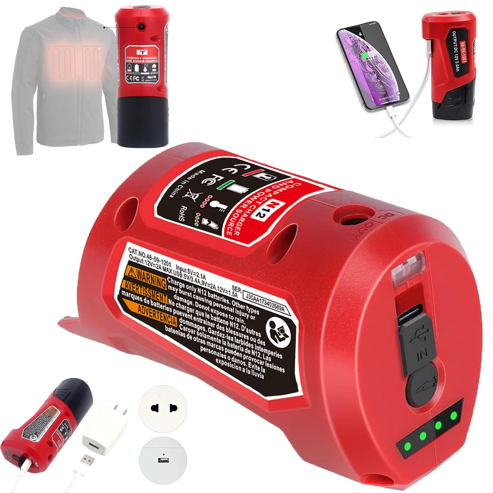 URUN M-12 battery charger with Type-C port and DC 12V outlet for versatile power