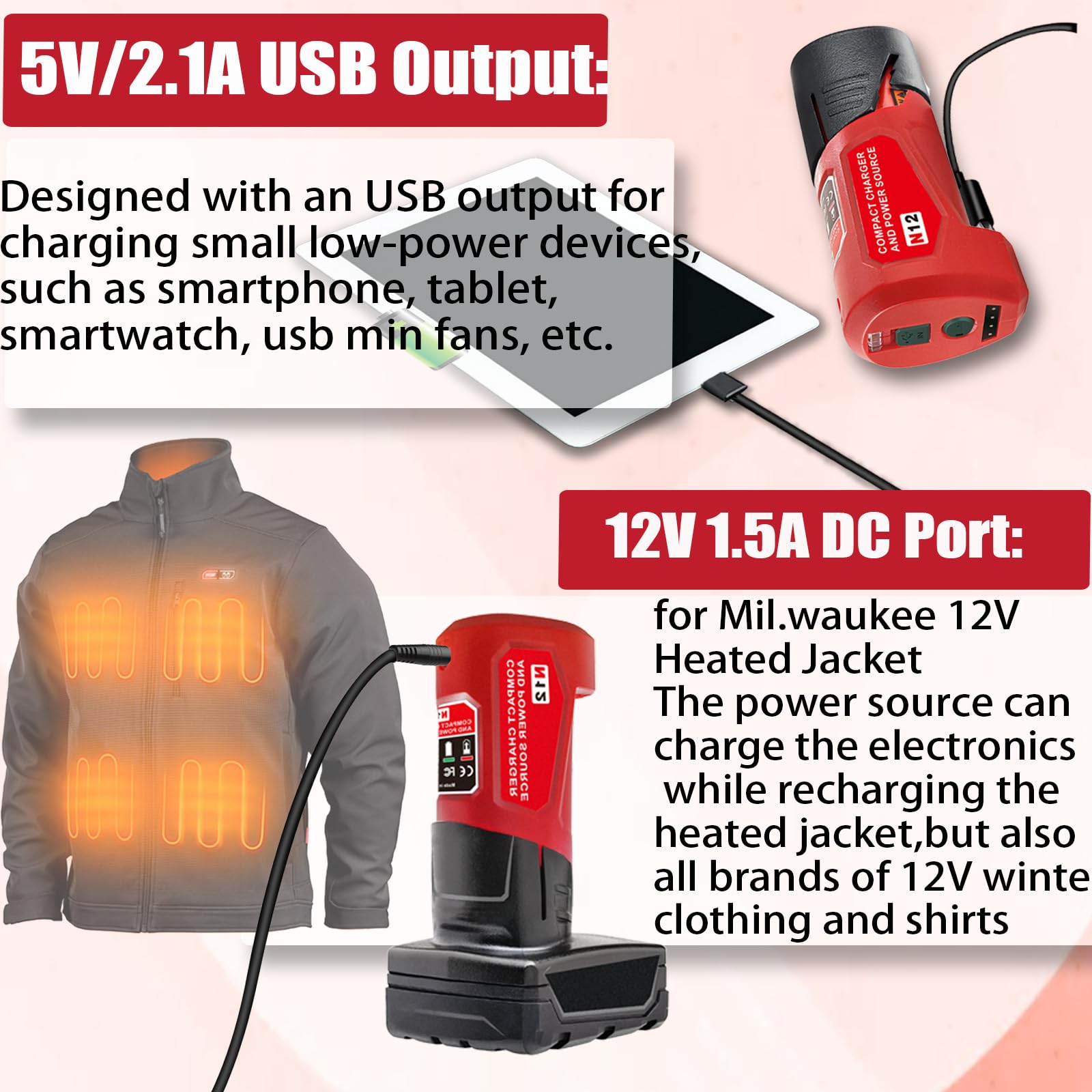 URUN M-12 charger LED indicator shows charging, full, or fault status at a glance