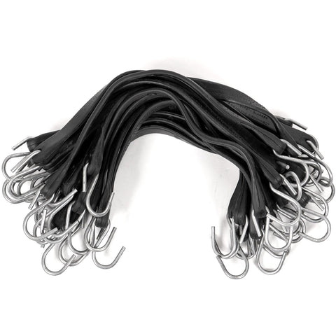 US Cargo Control 21-inch rubber bungee cord with S-hooks securing tarps on a trailer.