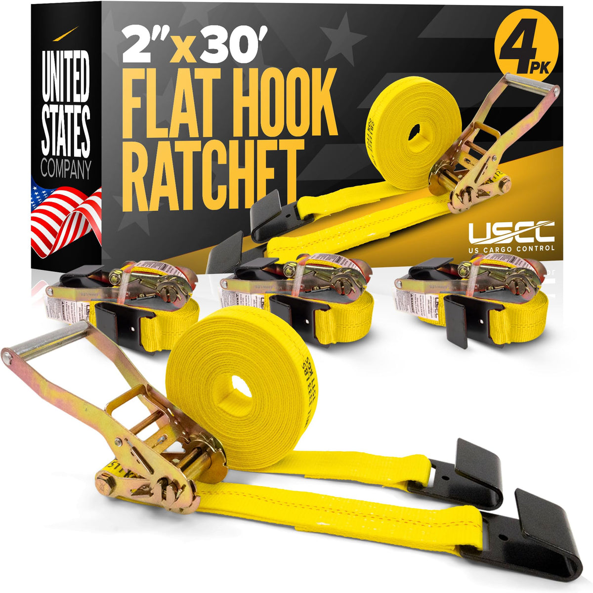 US Cargo Control 2in ratchet strap with flat hook for secure cargo ties.