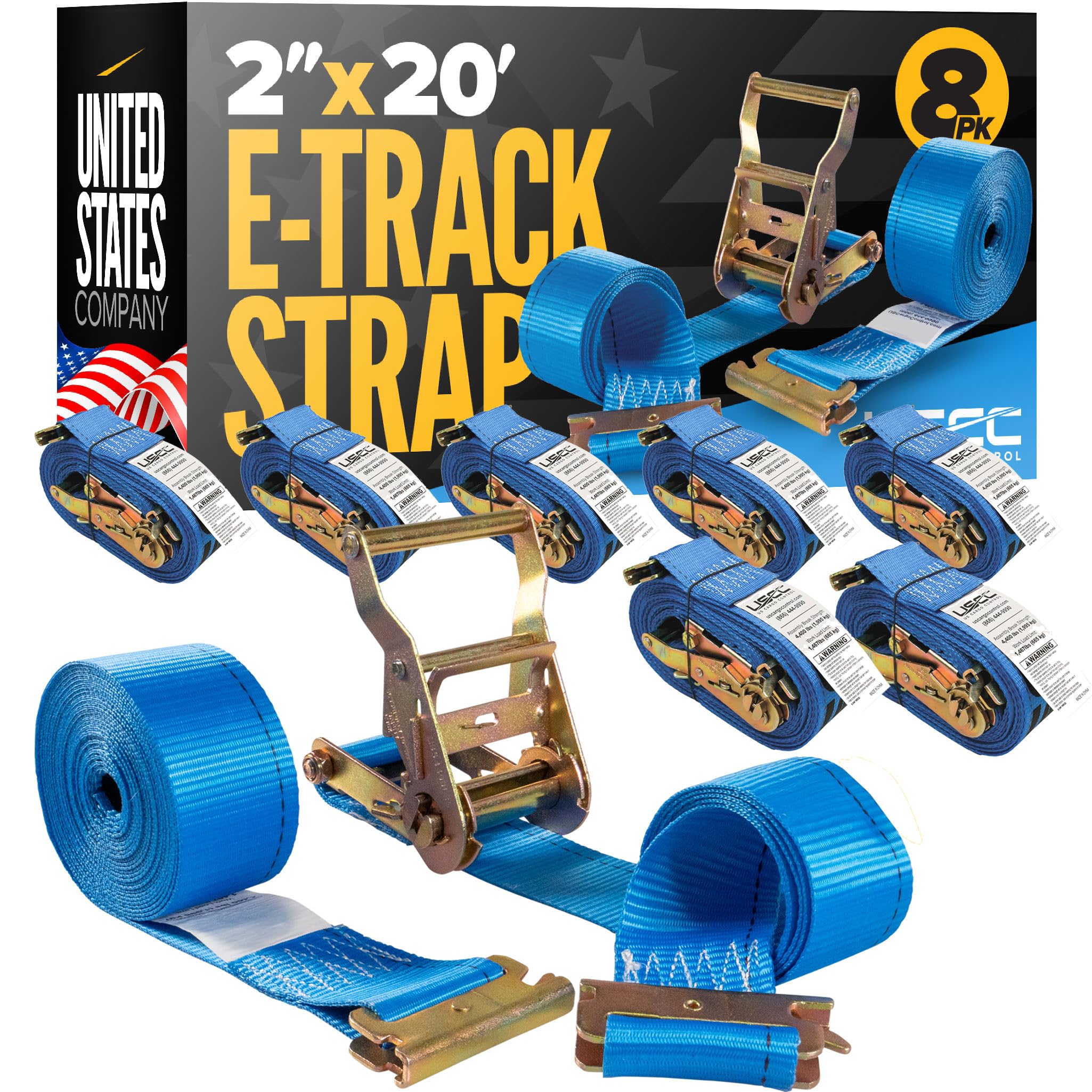 US Cargo Control E-Track ratchet strap with blue webbing and easy ratchet handle for snug fits.