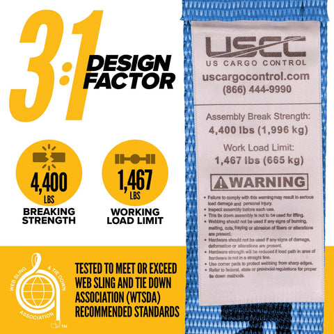 Label shows working load limit for safe, compliant tie-downs during transport.