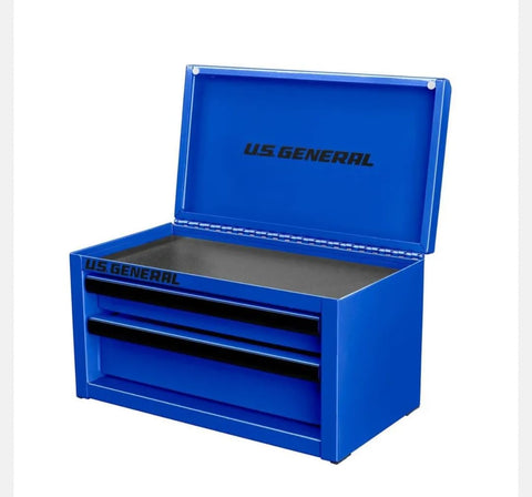 US General mini steel toolbox blue with two drawers and top storage for an organized workshop.