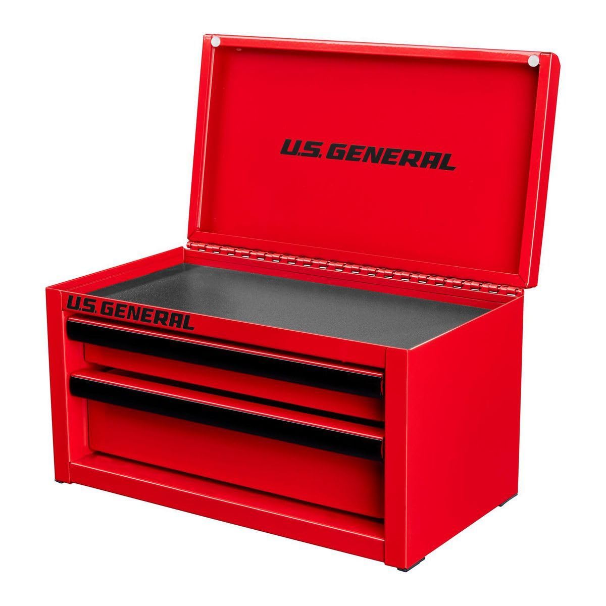 US General mini steel toolbox with two drawers and top storage for organized portable tool kits