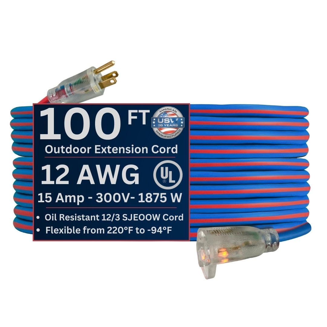 US Wire 99100 extension cord in blue, extreme-weather ready for outdoor use.