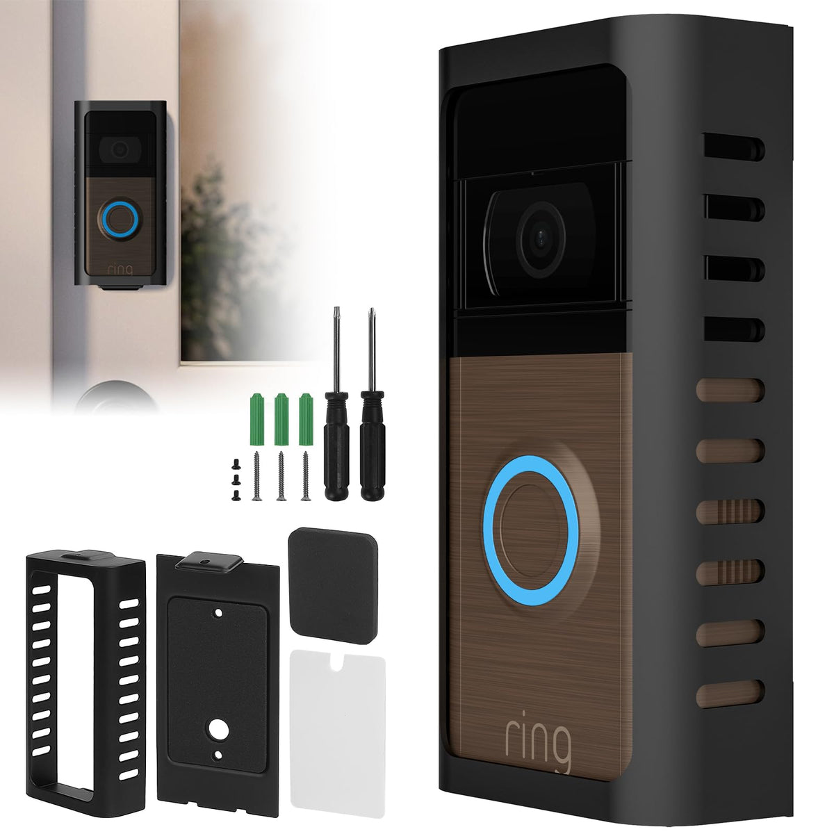 USUAUU No Drill Doorbell Mount with adhesive setup for renter friendly security