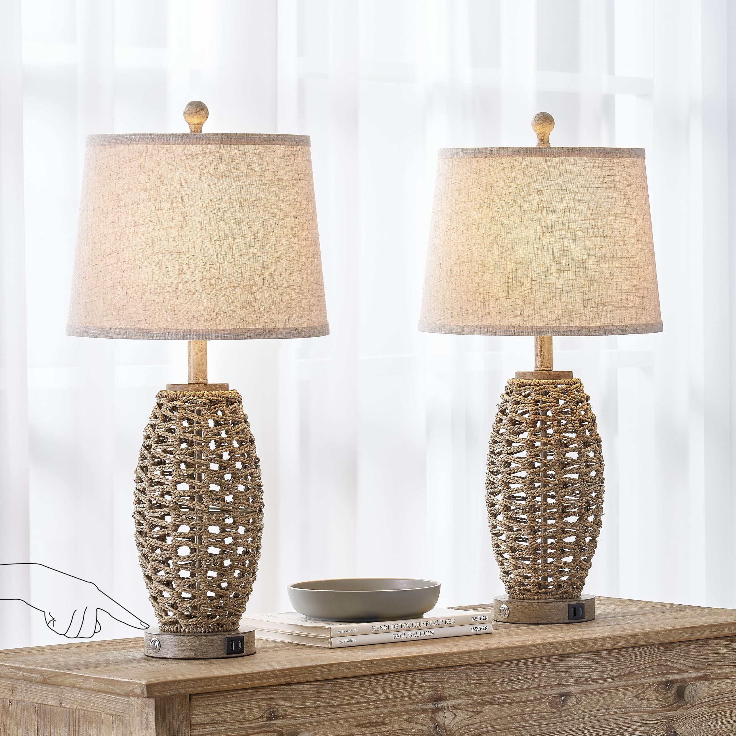 Natural rattan table lamps set 2 USB ports side view for convenient charging