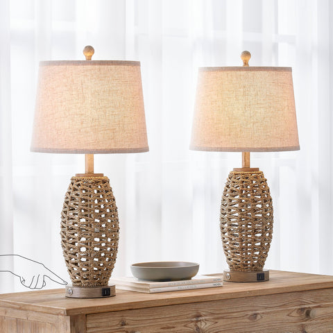 Natural rattan table lamps set 2 USB ports side view for convenient charging