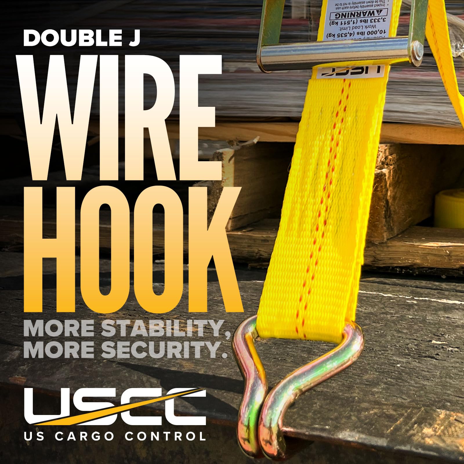 Clear 10,000 lb break strength label on US Cargo Control strap