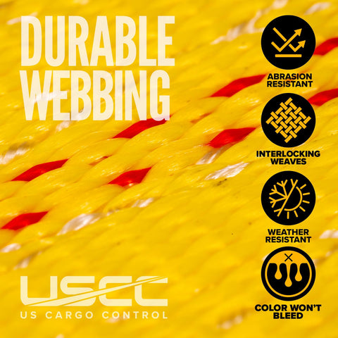 Bright yellow 2in polyester webbing prepared for securing cargo
