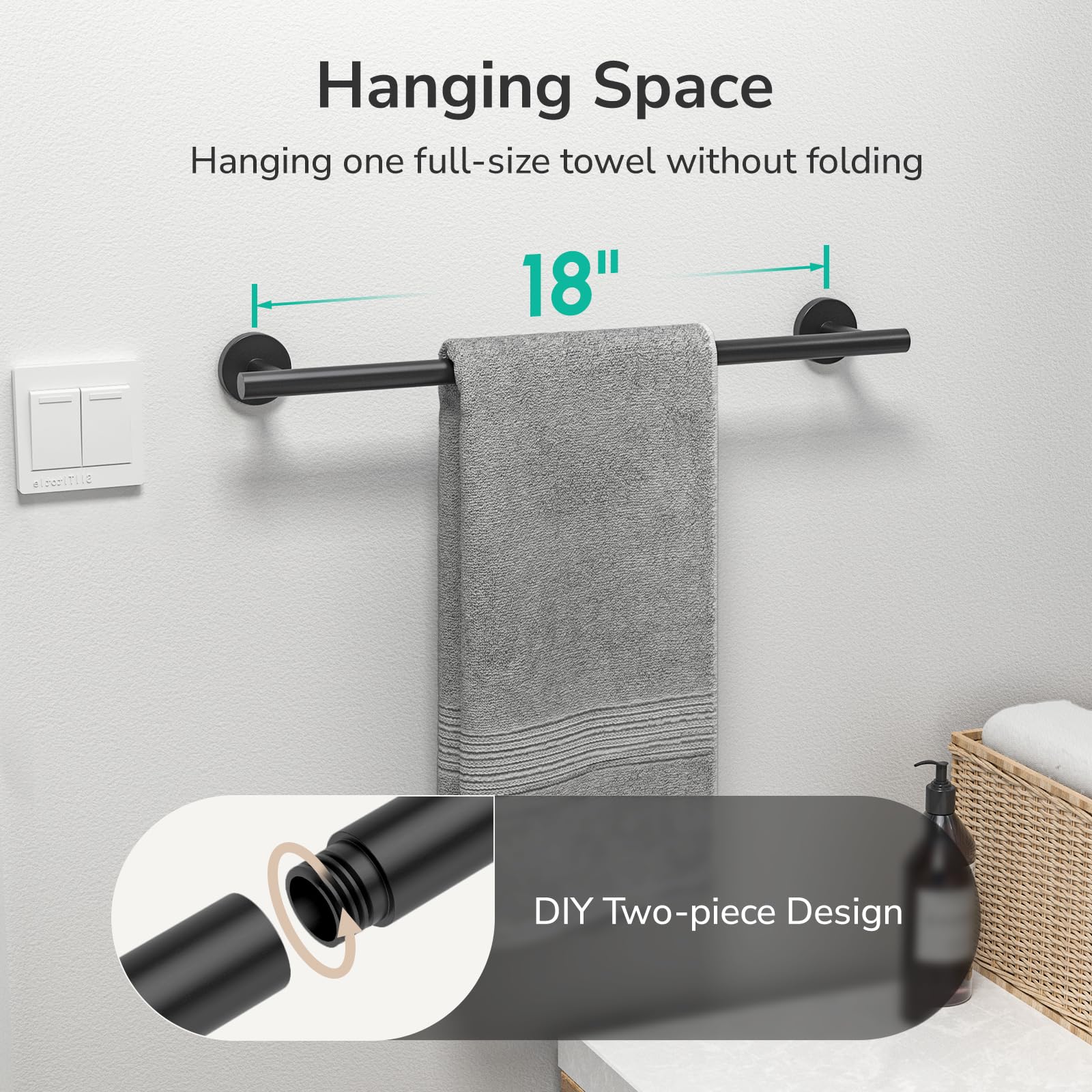 USHOWER 304 stainless steel towel rod ensures durability in moist spaces.