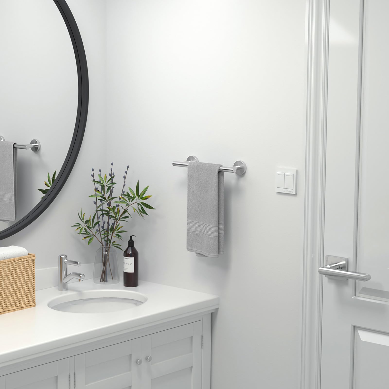 Bathroom setup featuring USHOWER brushed nickel towel bar