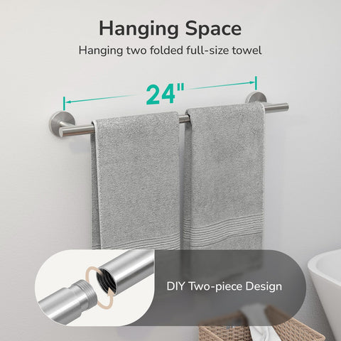 USHOWER brushed nickel towel bar wall-mount setup demonstrating space saving in compact bathrooms