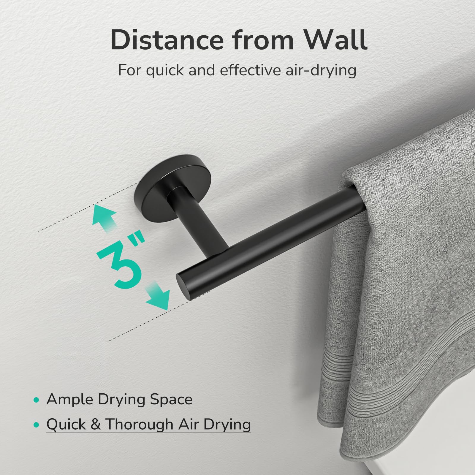 USHOWER towel bar keeps towels at the right distance for air drying.