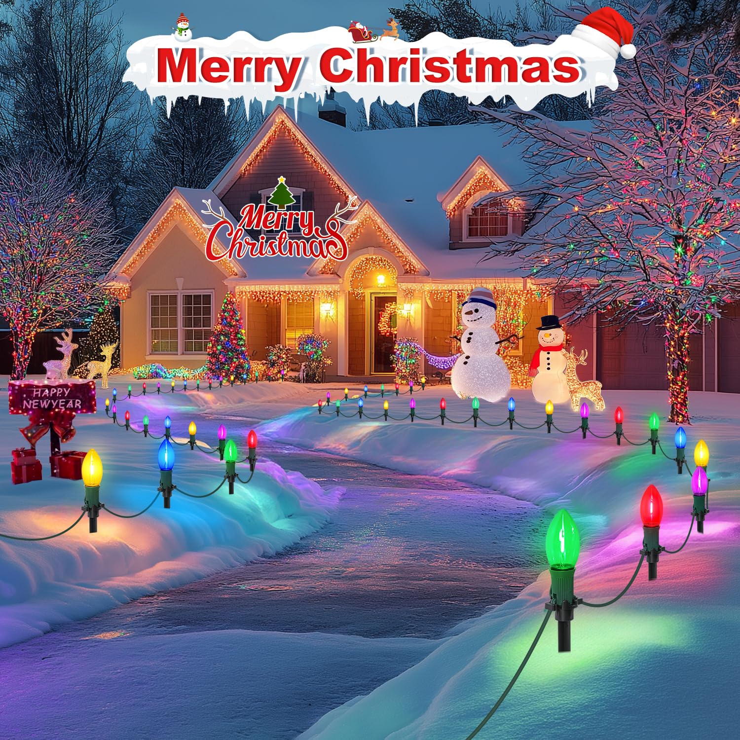 USOKYO 30 multicolor bulbs create eye-catching walkway lighting along driveways.