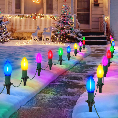 USOKYO 45ft C9 pathway lights illuminate outdoor walkways with vibrant color for festive curb appeal.