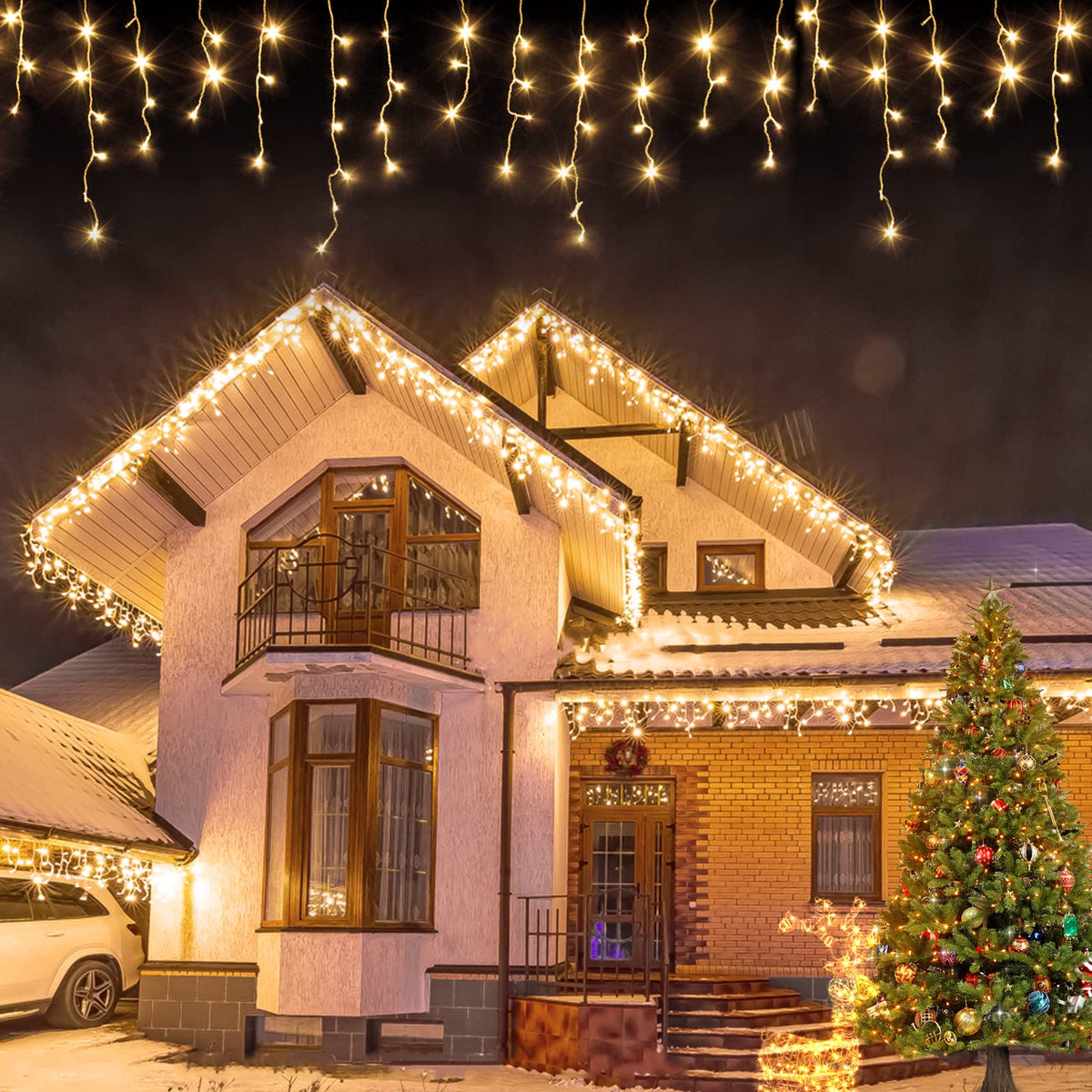 USOKYO icicle lights outdoor 480 LEDs, bright festive display.