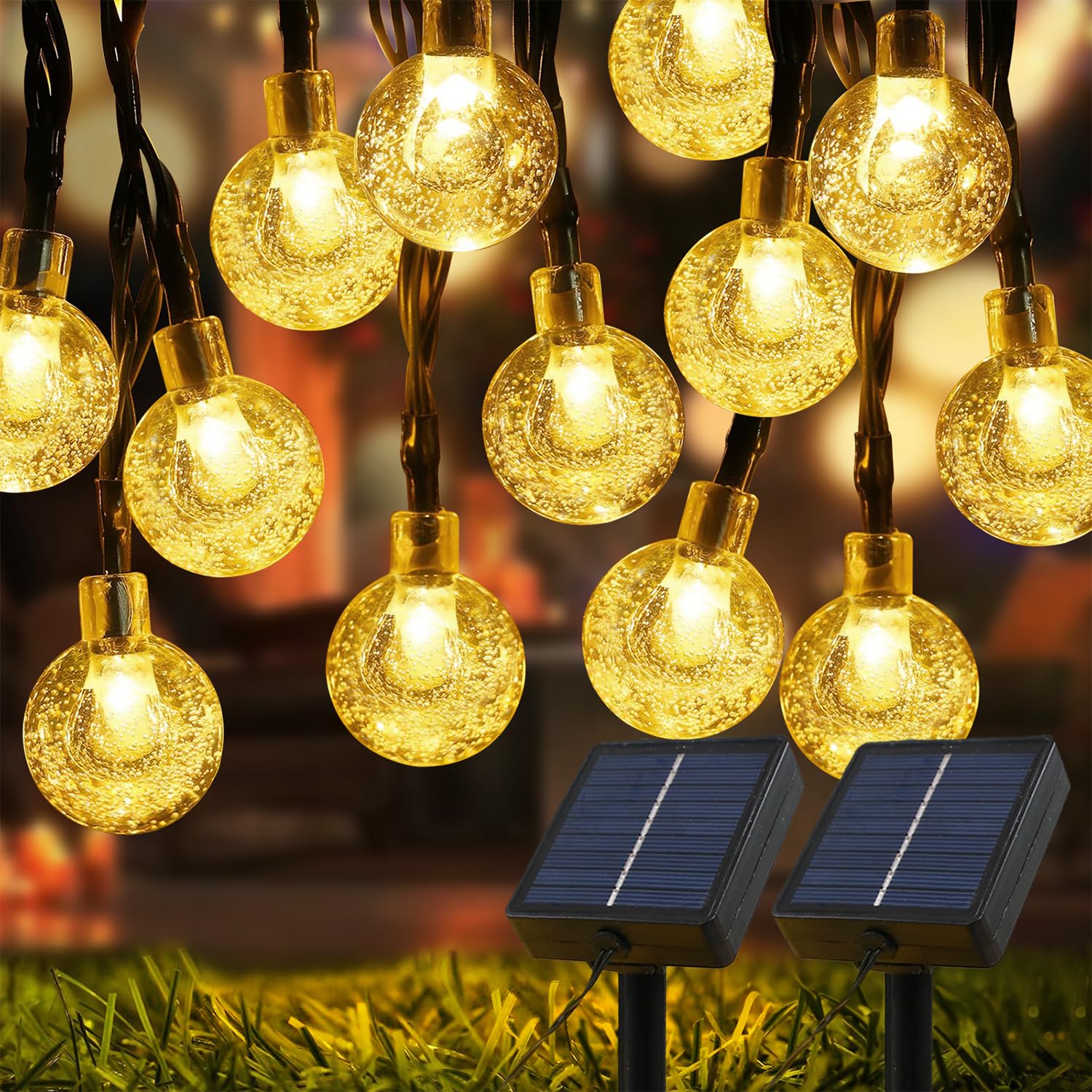 USOKYO outdoor solar lights illuminate the yard with warm white globes for cozy evenings.