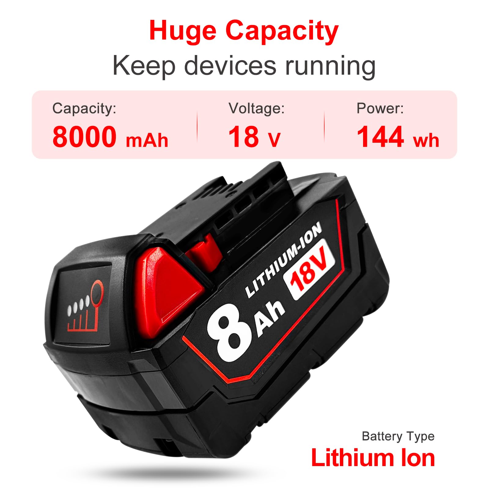USPECIAL 8Ah Milwaukee 18V battery, side view, compact design for tight tool setups.