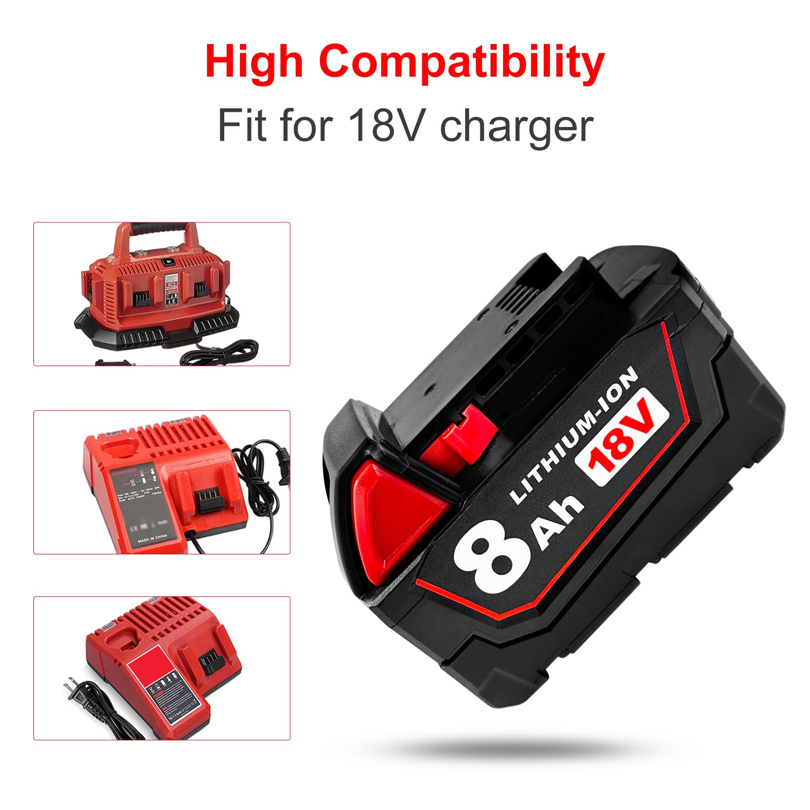 USPECIAL 8Ah Milwaukee 18V battery powering drills, impacts, and saws.