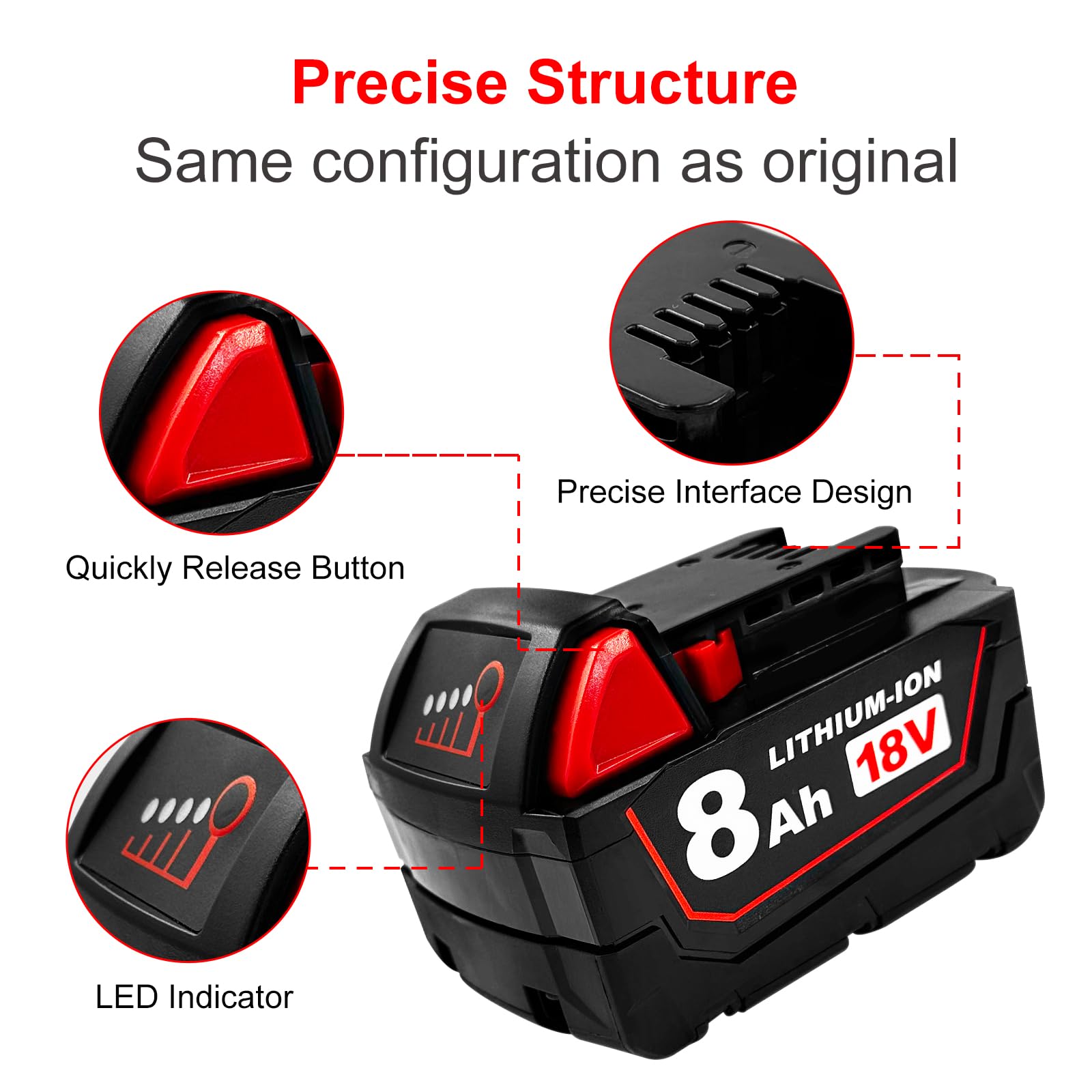 USPECIAL 8Ah Milwaukee 18V battery, rugged safety circuits protect against overload.