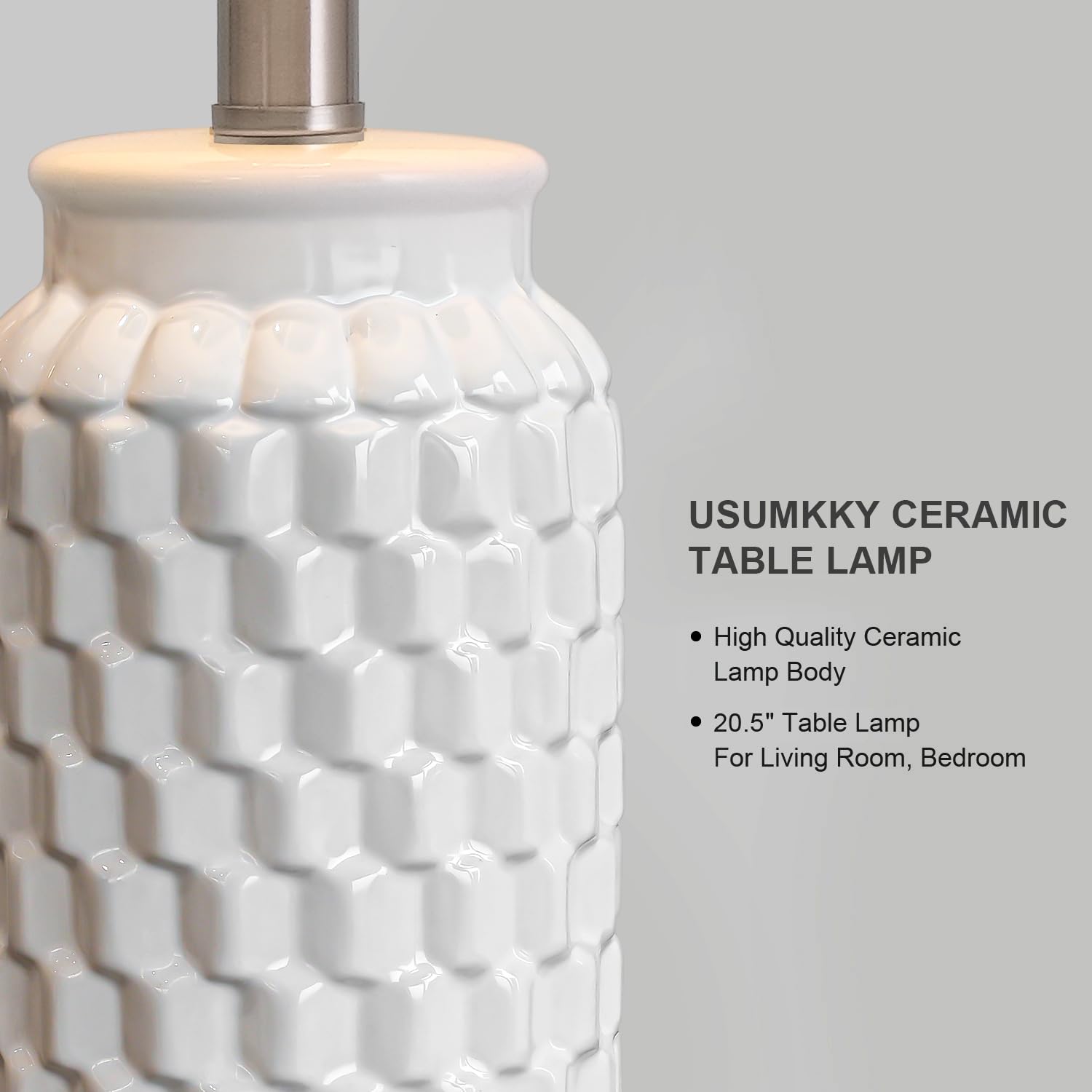 USumkky ceramic bedside lamp white shade close-up highlighting linen texture.