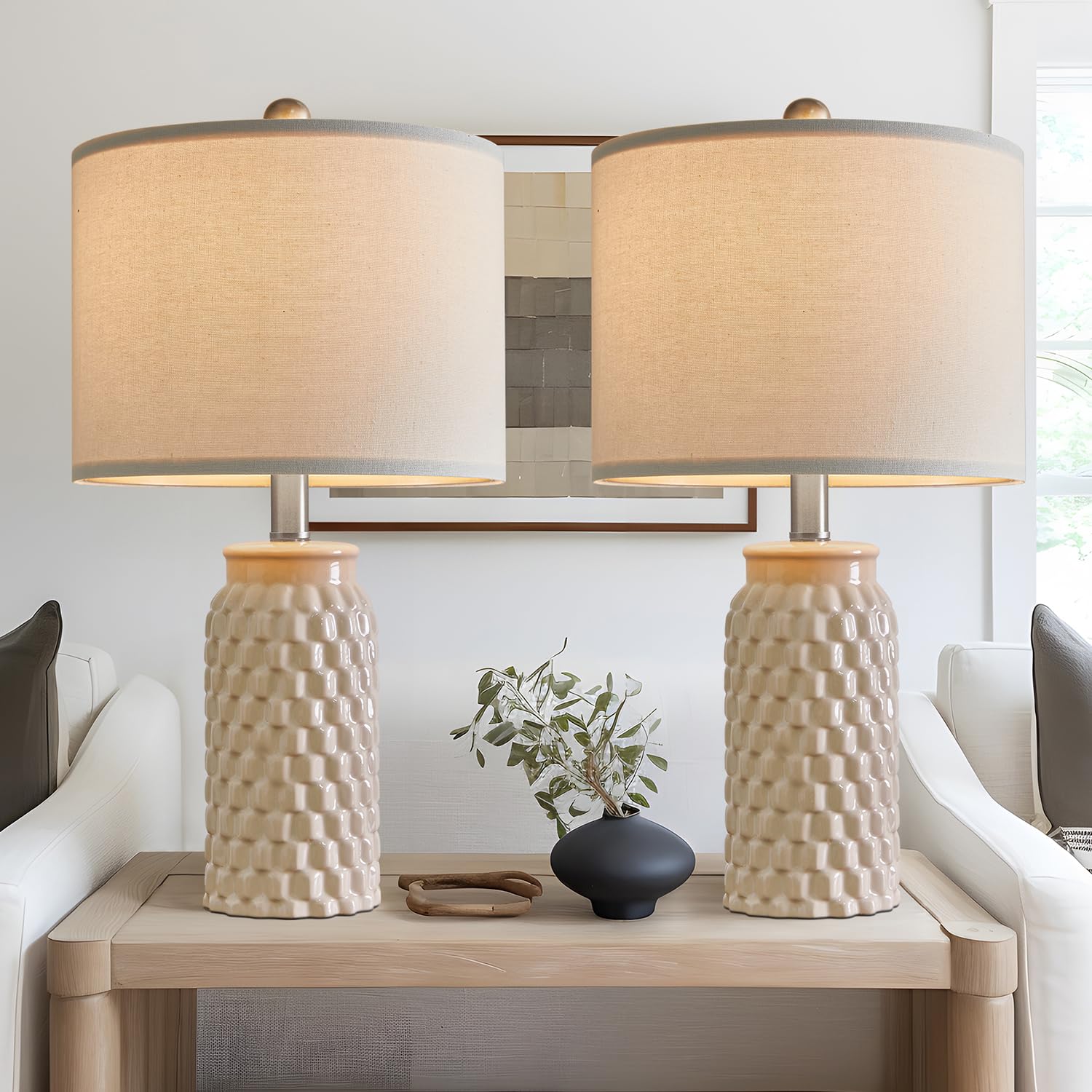 USumkky ceramic table lamps cream pair brighten a living space with warm farmhouse style.