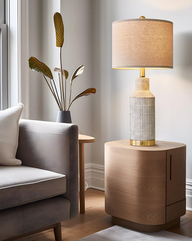 USumkky pair of table lamps with linen shade close-up for warm ambiance