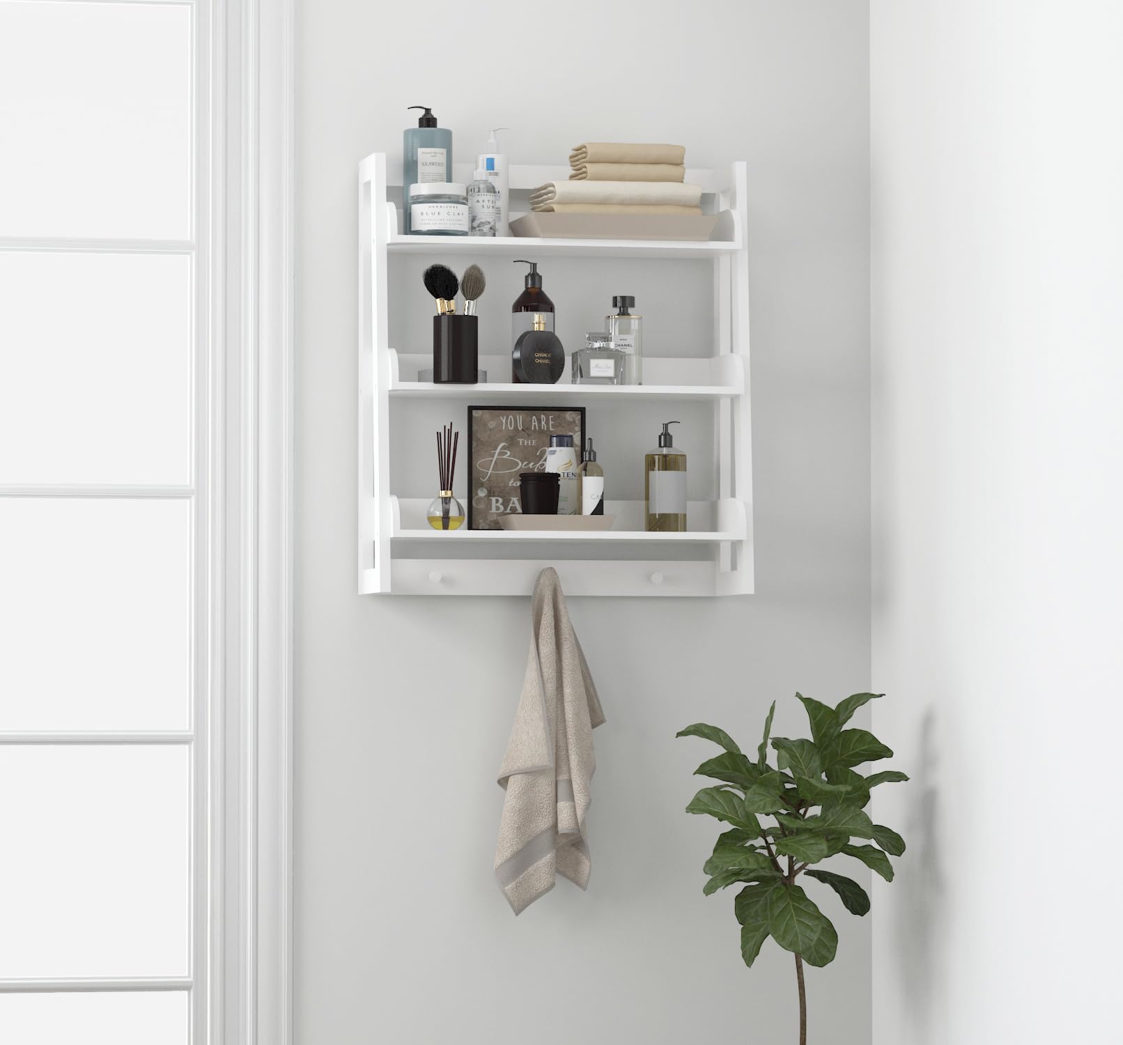 UTEX shelf with décor and toiletries stays neatly organized.