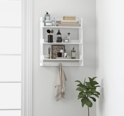 UTEX shelf with décor and toiletries stays neatly organized.