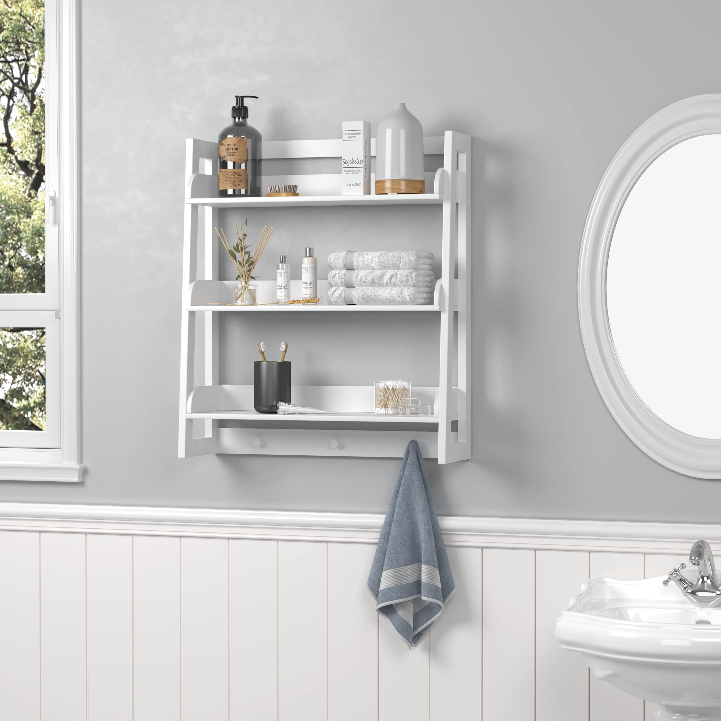 UTEX wall-mounted shelf with hooks keeps bathroom essentials organized.