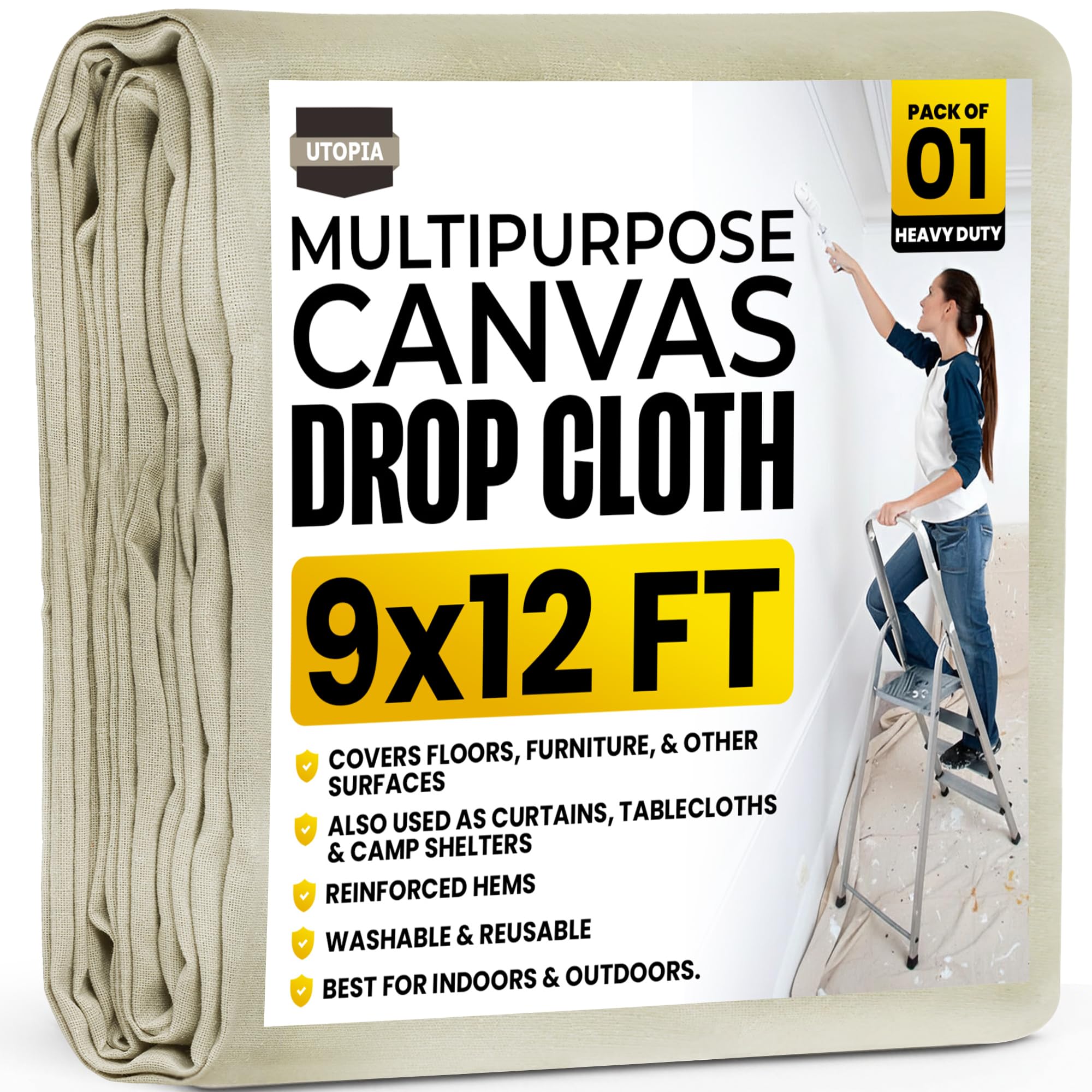 Utopia Home drop cloth on floor showing reliable floor protection during painting