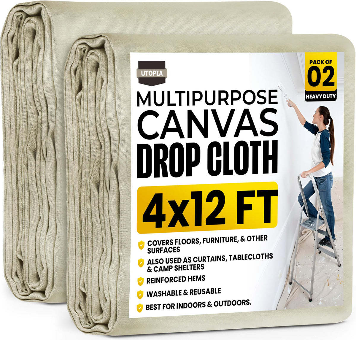 Utopia Home drop cloth covers a painting setup protecting surfaces with 4x12 ft coverage.