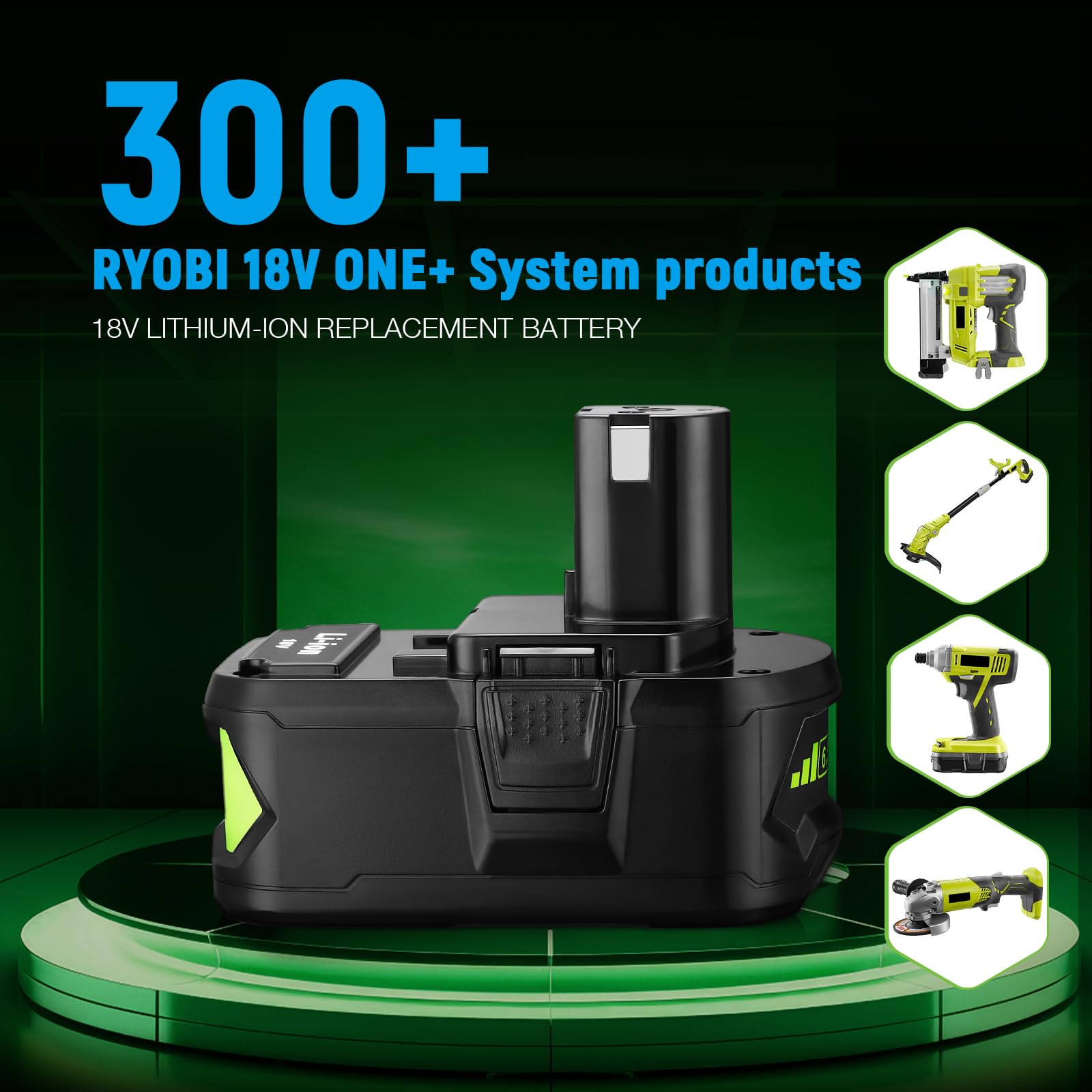UTRBATT 6500mAh 18V battery rear label showing Ryobi ONE+ compatibility.