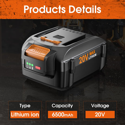 UTRBATT 6.5Ah battery for Worx 20V side view, balanced power