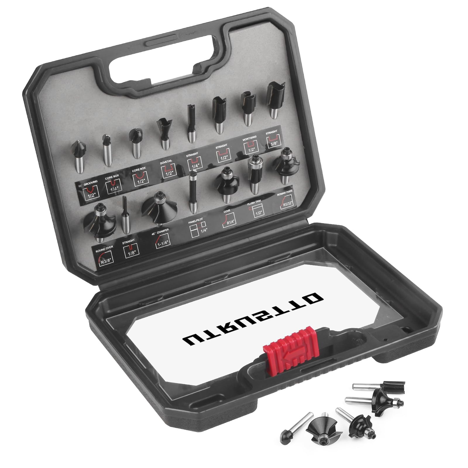 UTRUSTTO router bit set for precise 90-degree grooving and clean joints.