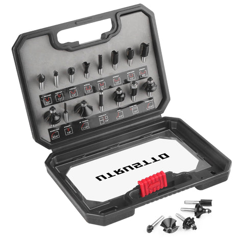UTRUSTTO router bit set for precise 90-degree grooving and clean joints.