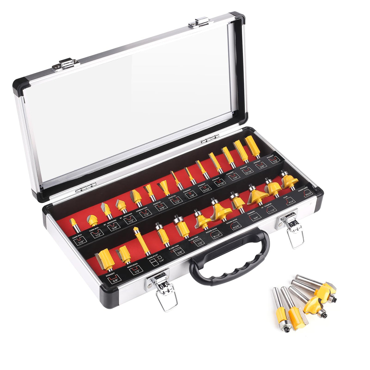 UTRUSTTO router bits 25-piece set neatly stored in aluminum box for easy access