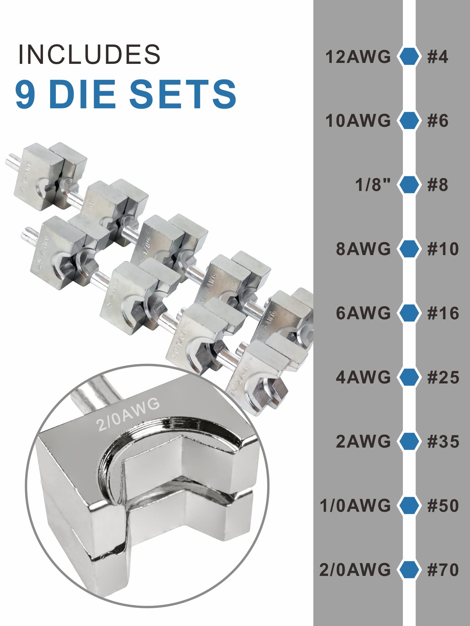 UTZIKO dies set with 9 pairs covers multiple gauges for versatile cable work.