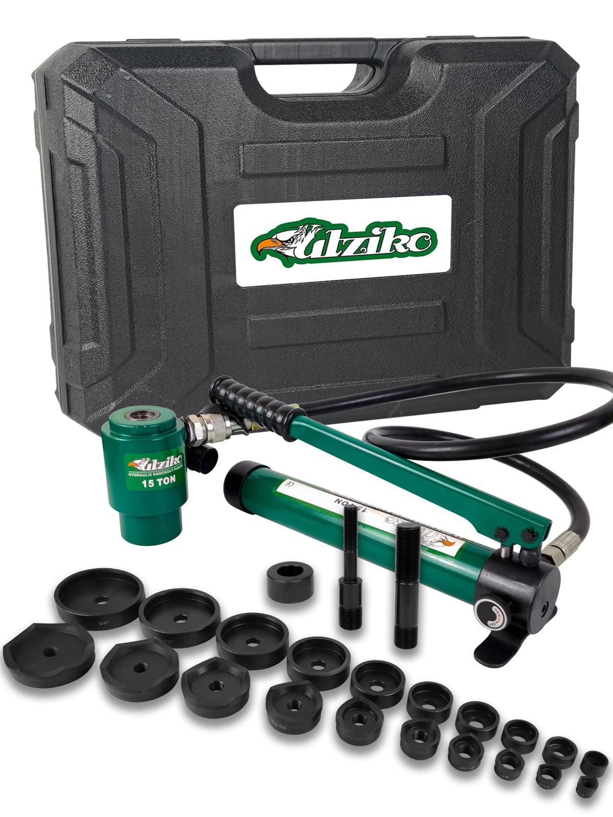 UTZIKO hydraulic knockout punch tool with rugged storage case for portability