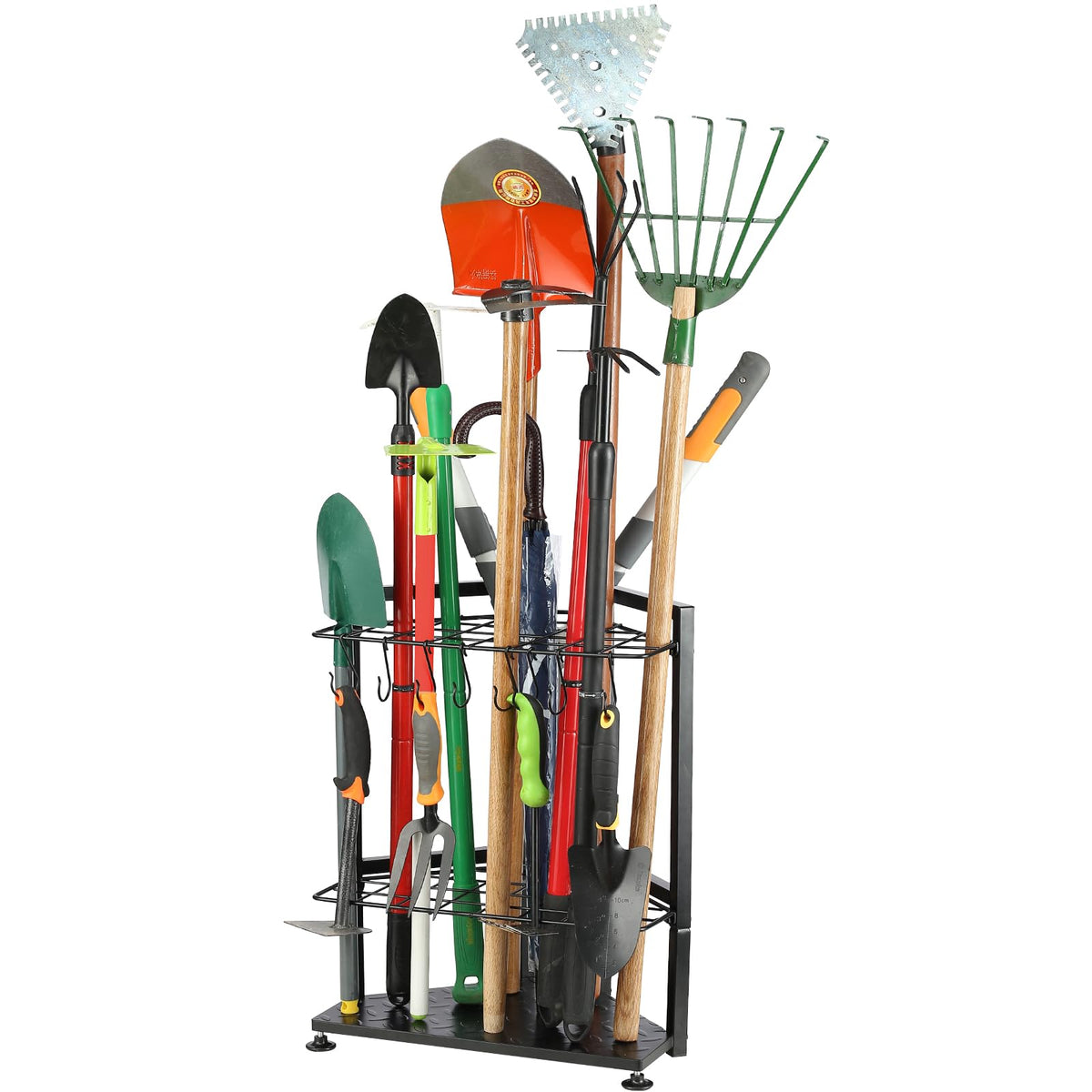UU-Major garden tool organizer demonstrates corner space saving in a tidy garage.