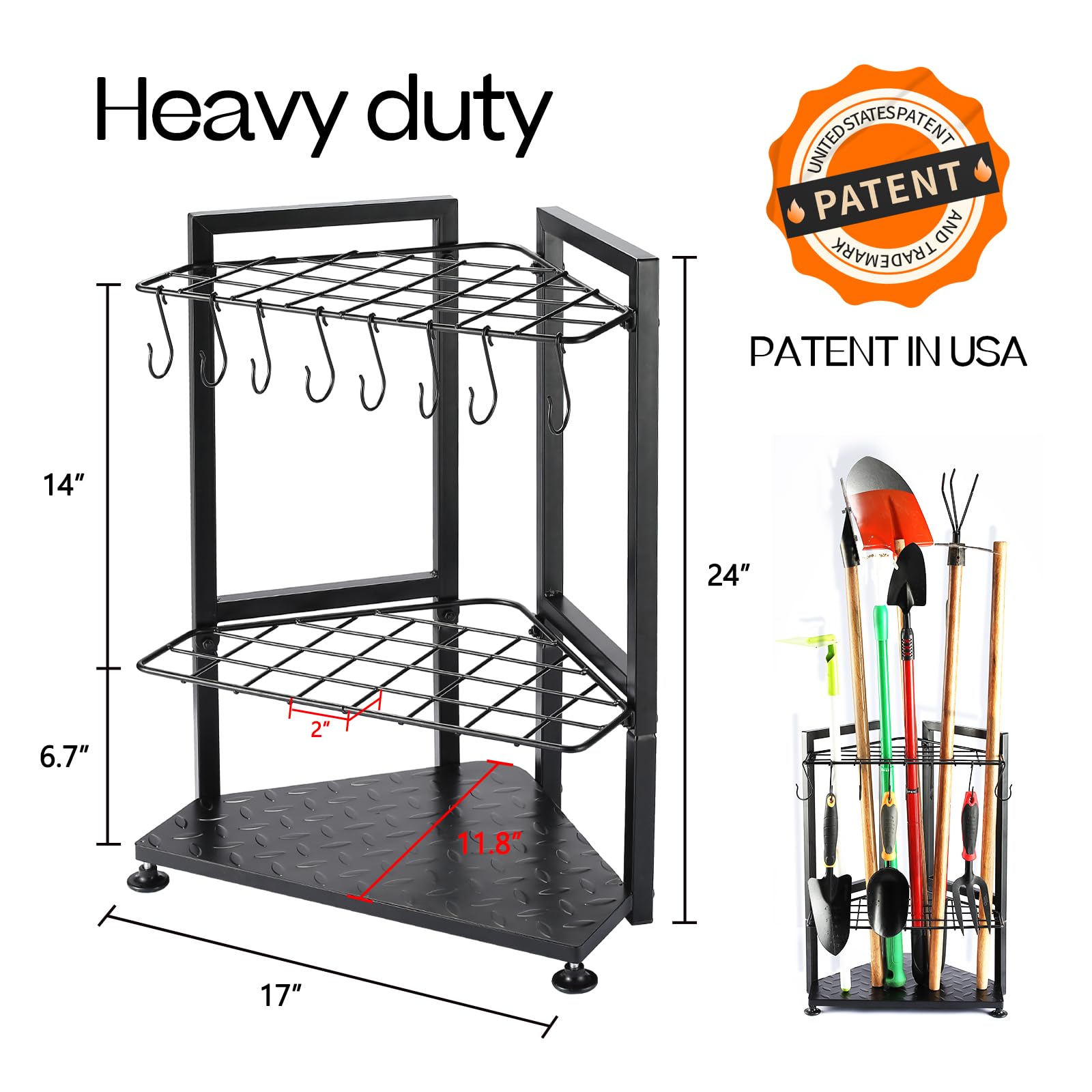 UU-Major rack with 8 removable hooks for customizable yard tool layout.