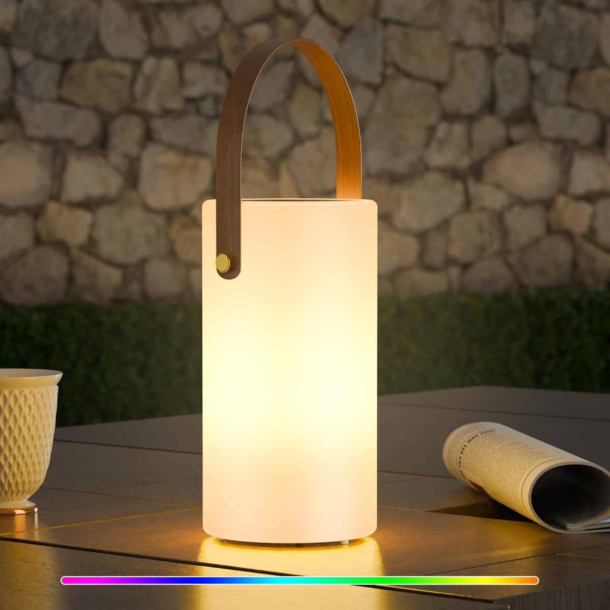 Uuffoo solar table lamp on patio provides warm ambient light for evenings.