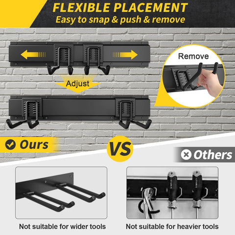 Adjustable track system maximizes space with flexible mounting options in the garage.