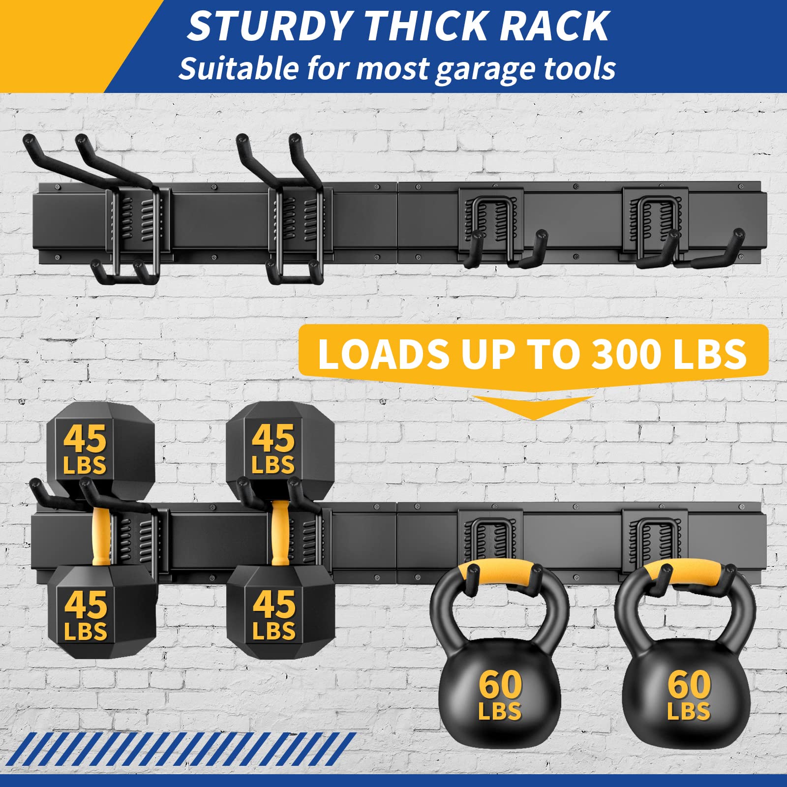 UUP garage tool organizer with rails and hooks enables versatile placement.