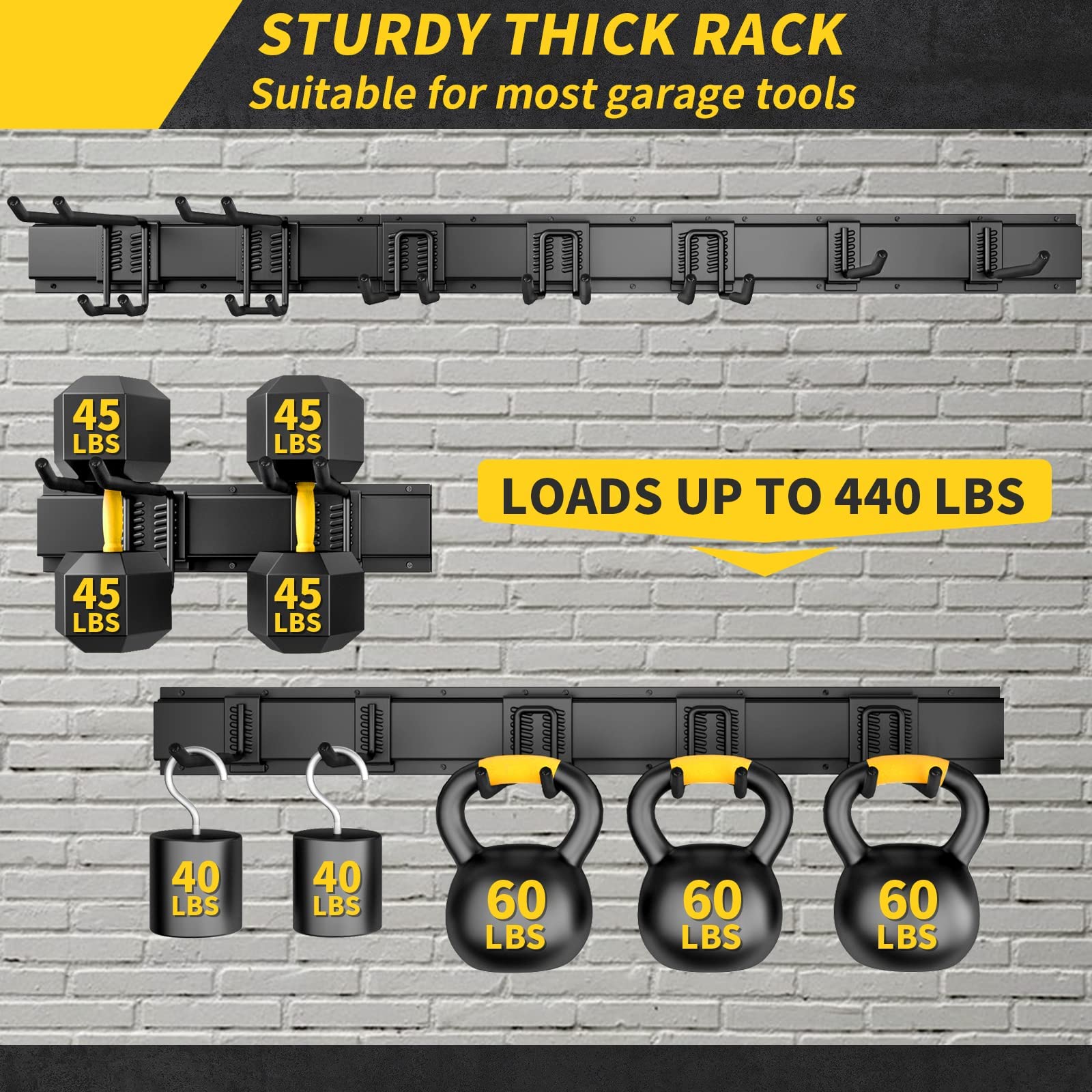 Heavy-duty garage hooks hold tools up to 440 lbs with rubberized ends to prevent slipping.