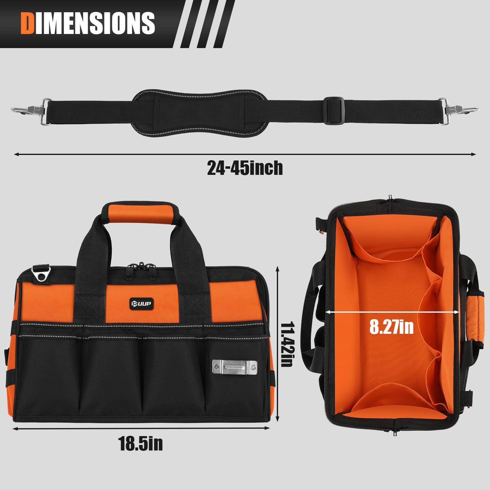 UUP tool bag features 16 pockets to keep hammers, screwdrivers, and pliers neatly organized.