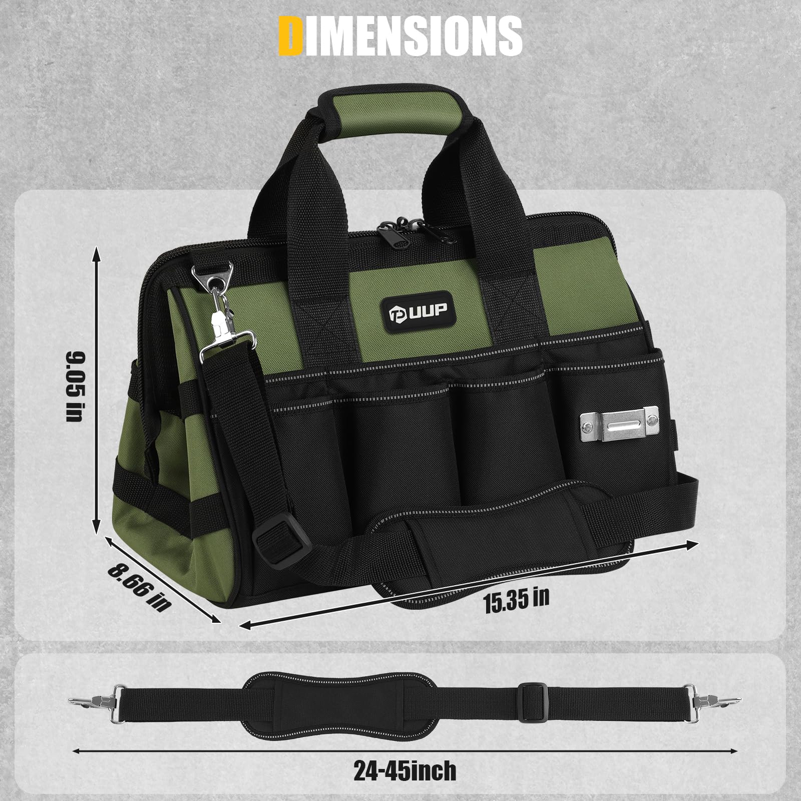 UUP tool bag with adjustable shoulder strap for comfortable transport.