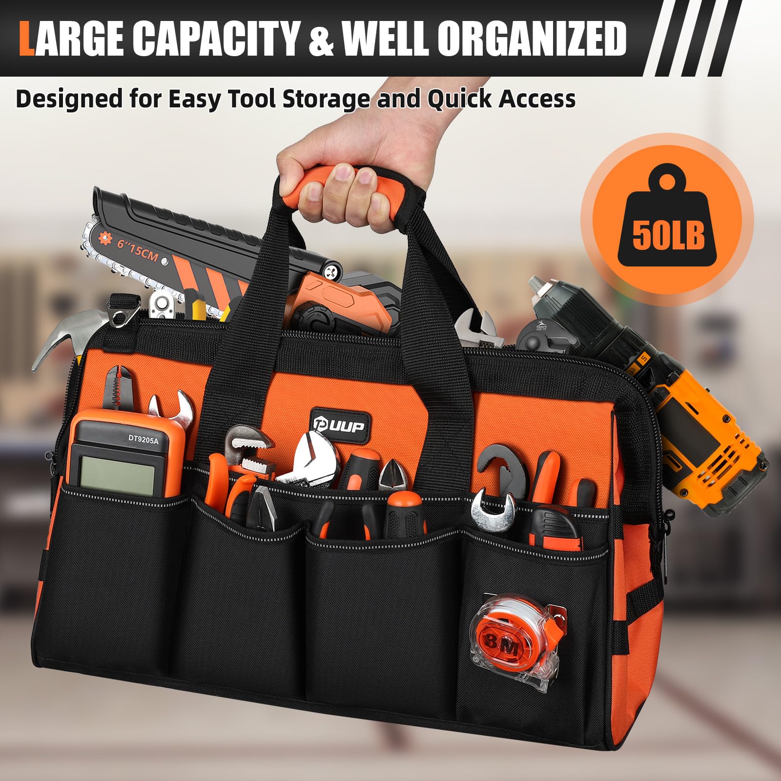 UUP water-resistant Oxford fabric protects tools in rain, dust, or muddy sites.