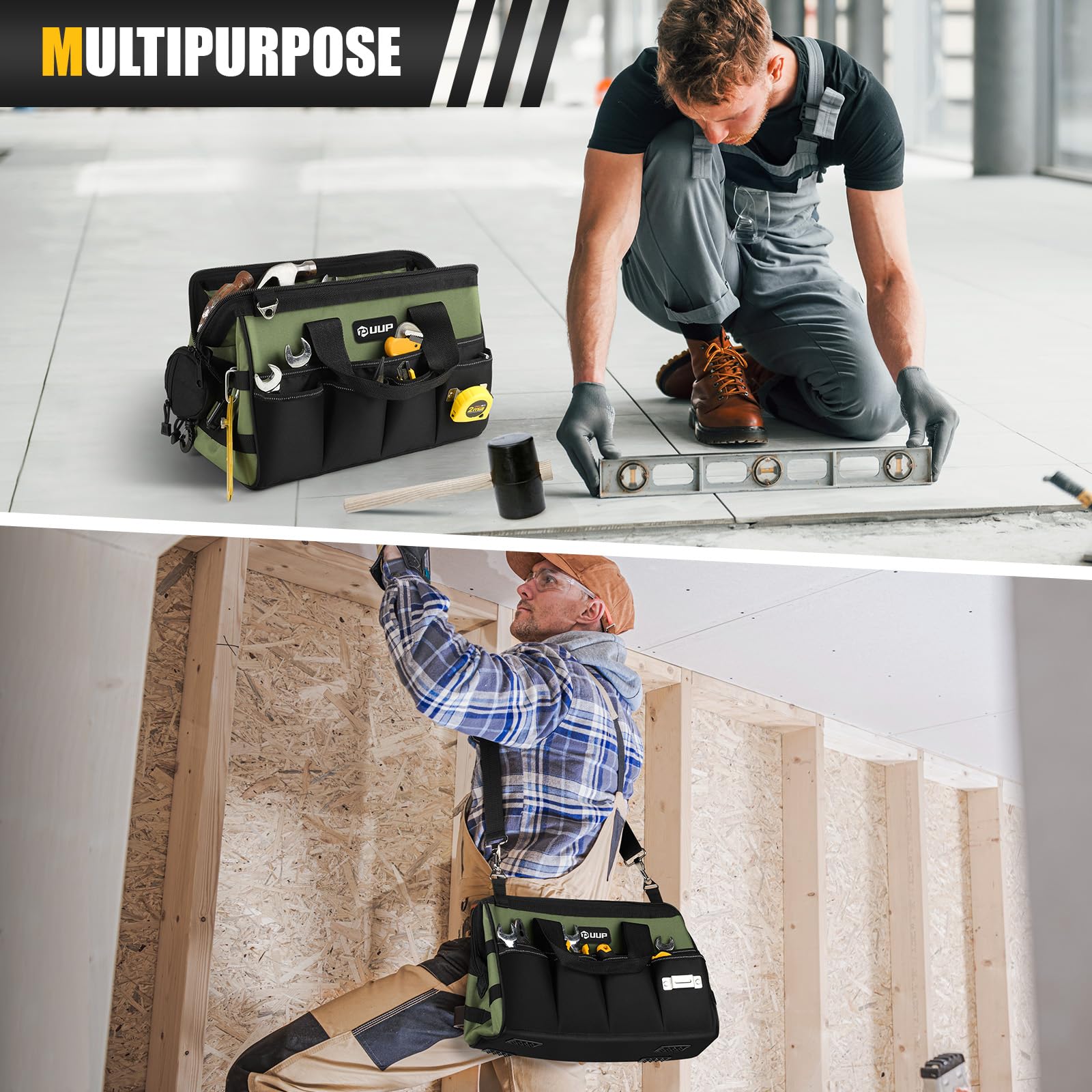 Wide-mouth opening enables quick access to tools.